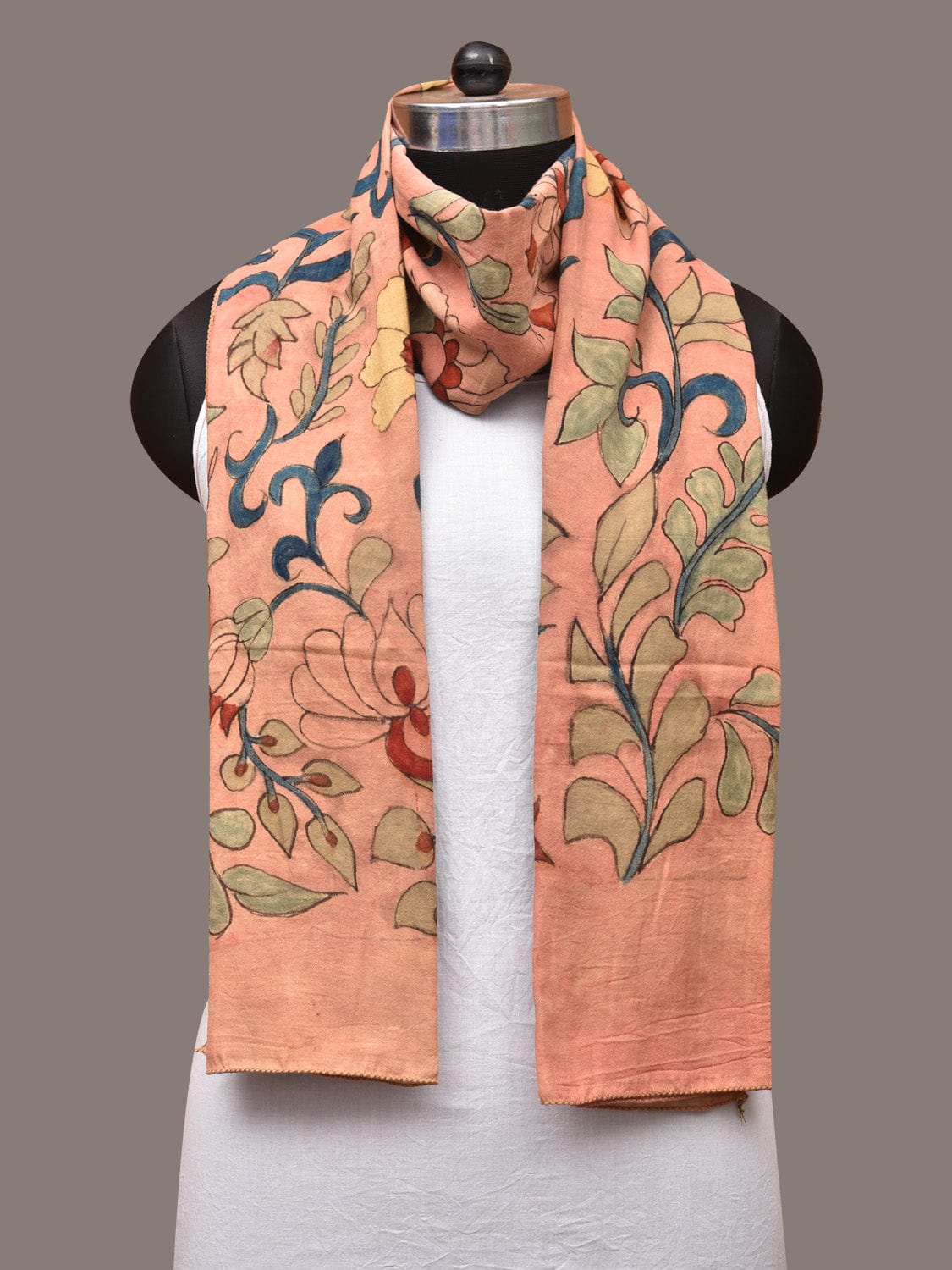 Peach Kalamkari Hand Painted Sico Stole with Floral Design ds3350