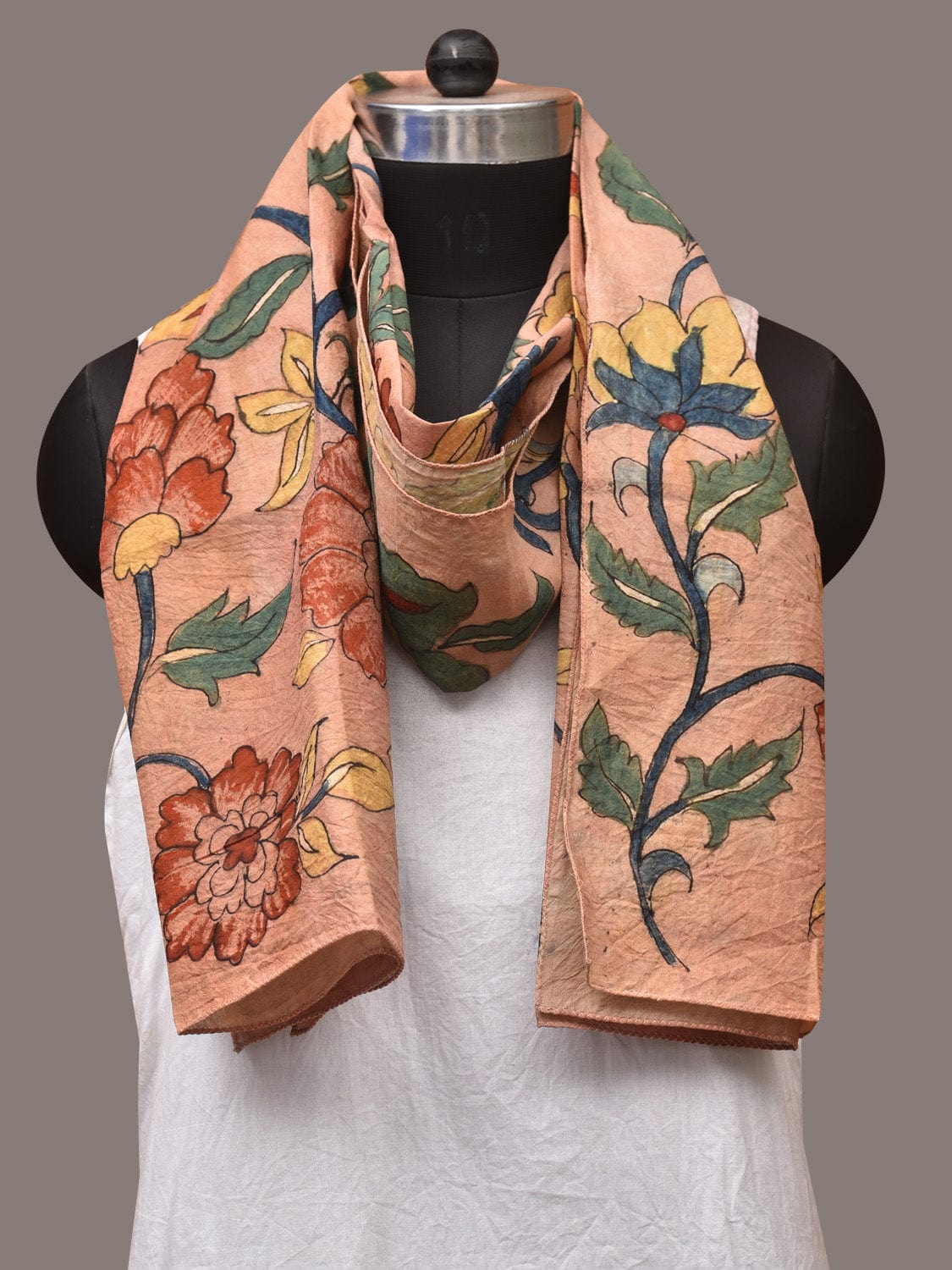 Peach Kalamkari Hand Painted Sico Stole with Floral Design ds3446