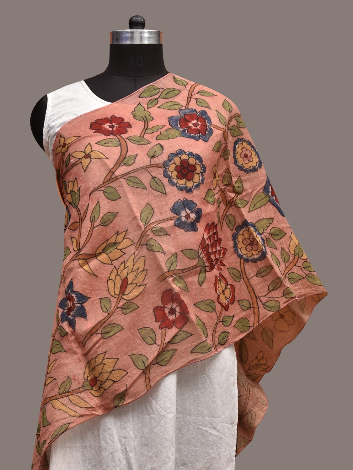 Peach Kalamkari Hand Painted Sico Stole with Floral Design ds3586
