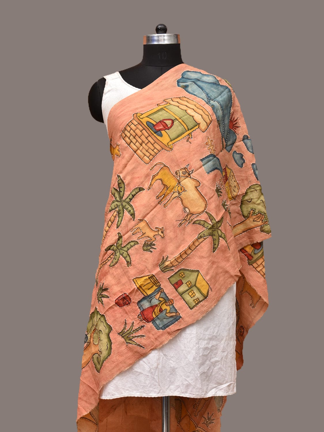 Peach Kalamkari Hand Painted Sico Stole with Village Theme Design ds3246