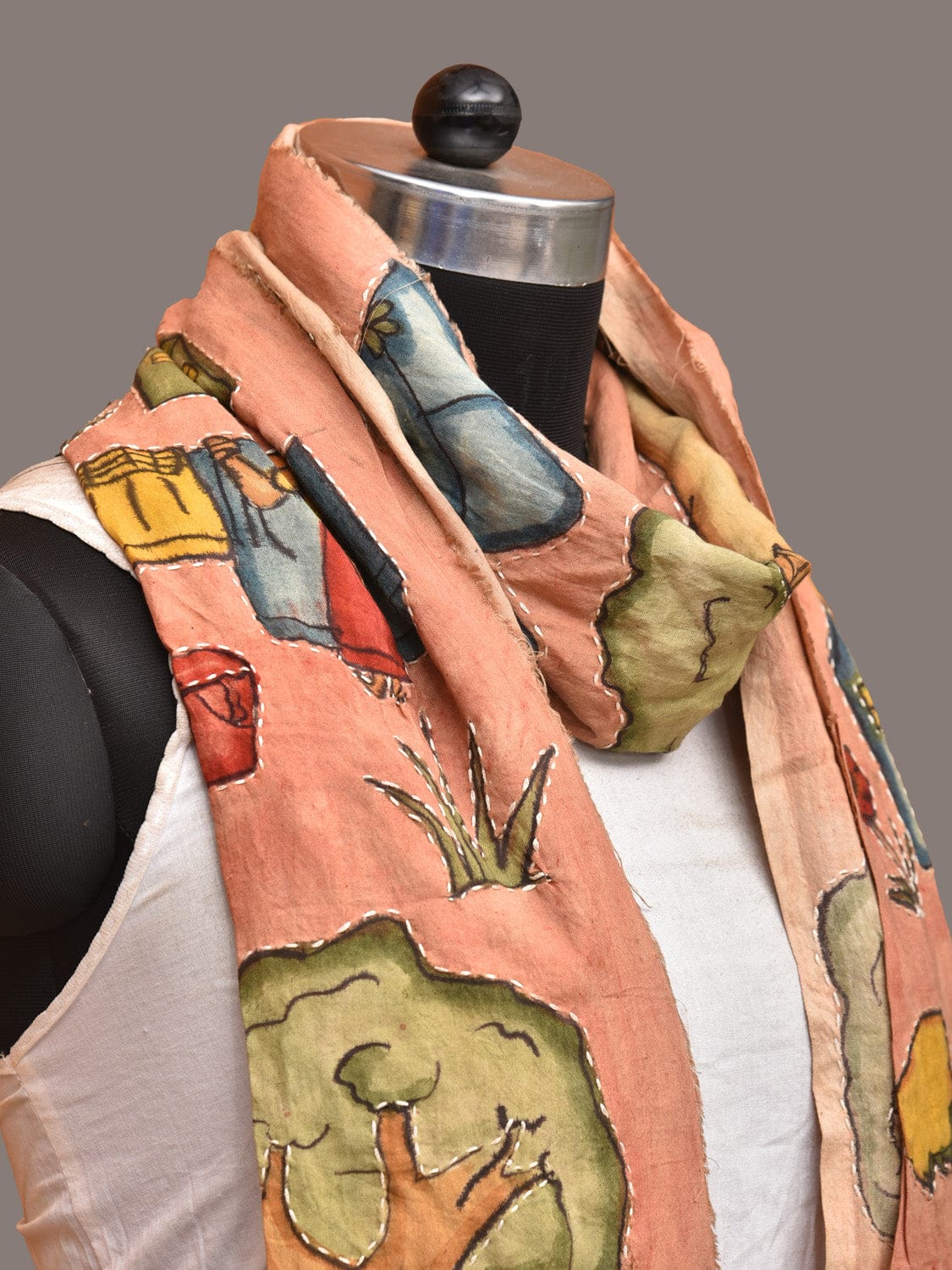 Peach Kalamkari Hand Painted Sico Stole with Village Theme Design ds3246