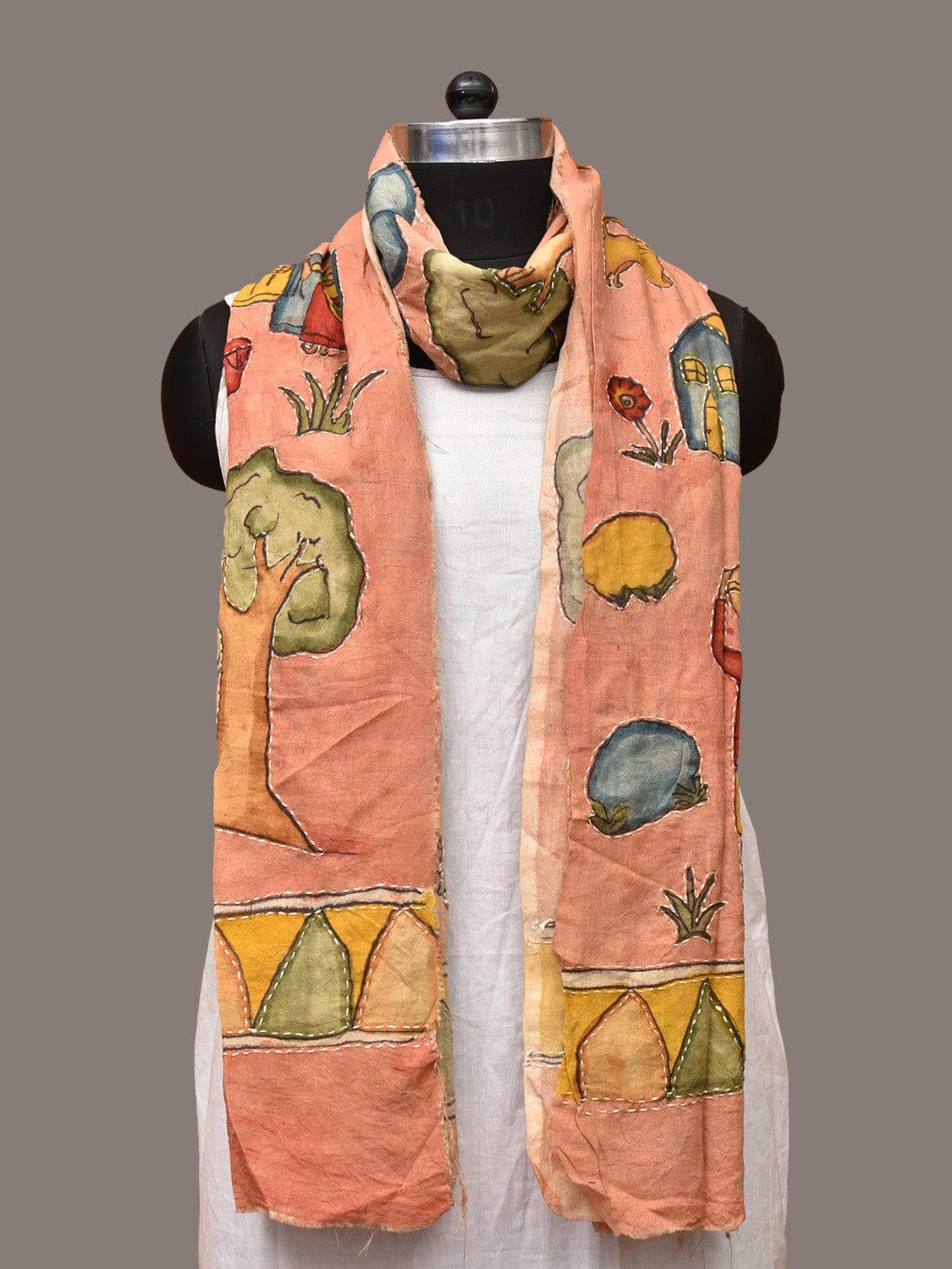 Peach Kalamkari Hand Painted Sico Stole with Village Theme Design ds3246