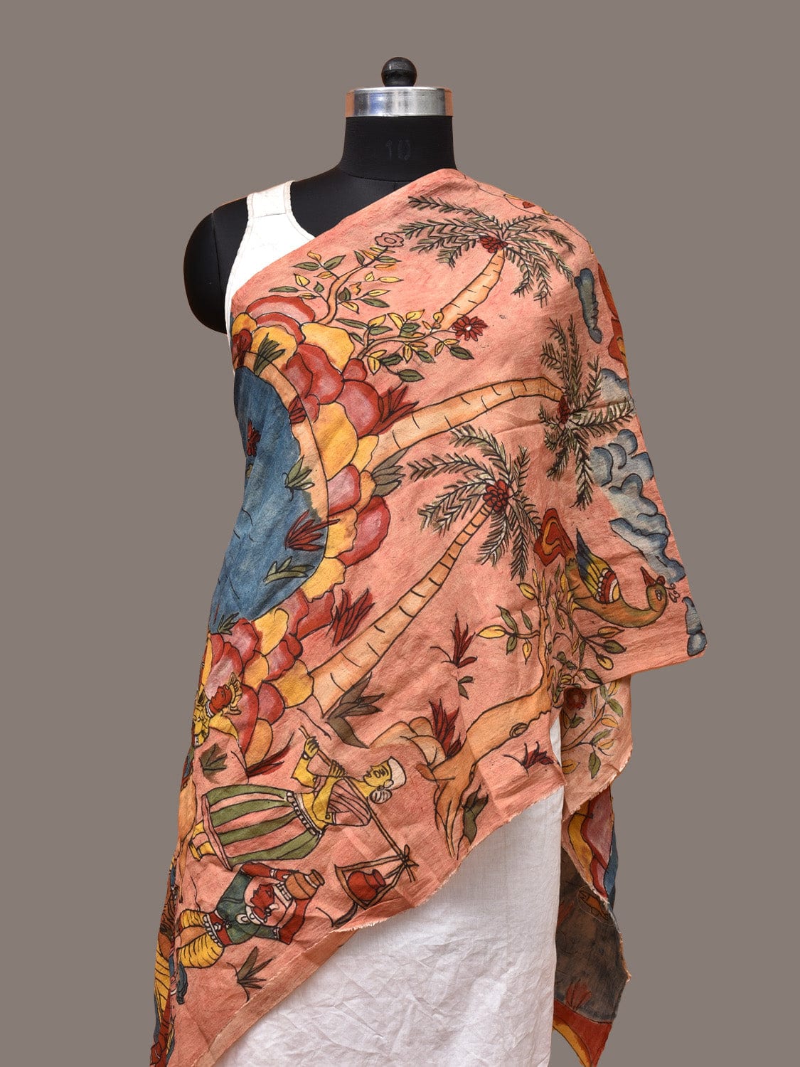 Peach Kalamkari Hand Painted Sico Stole with Village Theme Design ds3287