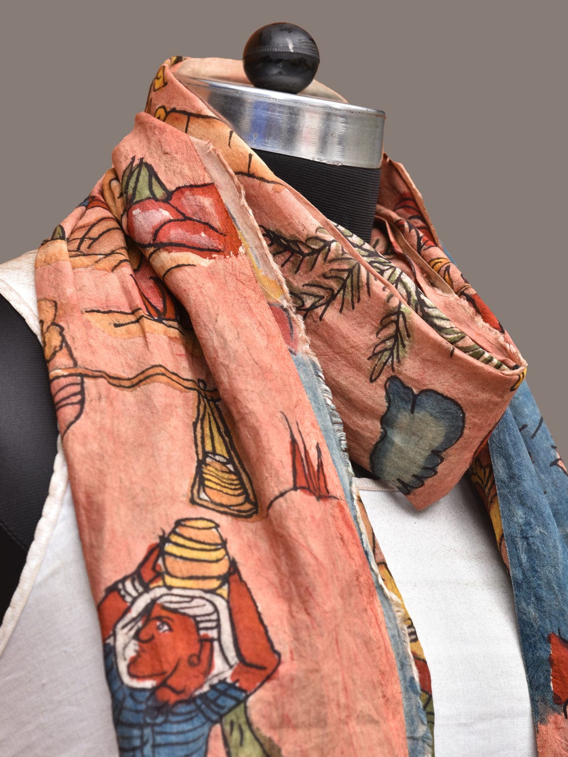 Peach Kalamkari Hand Painted Sico Stole with Village Theme Design ds3287