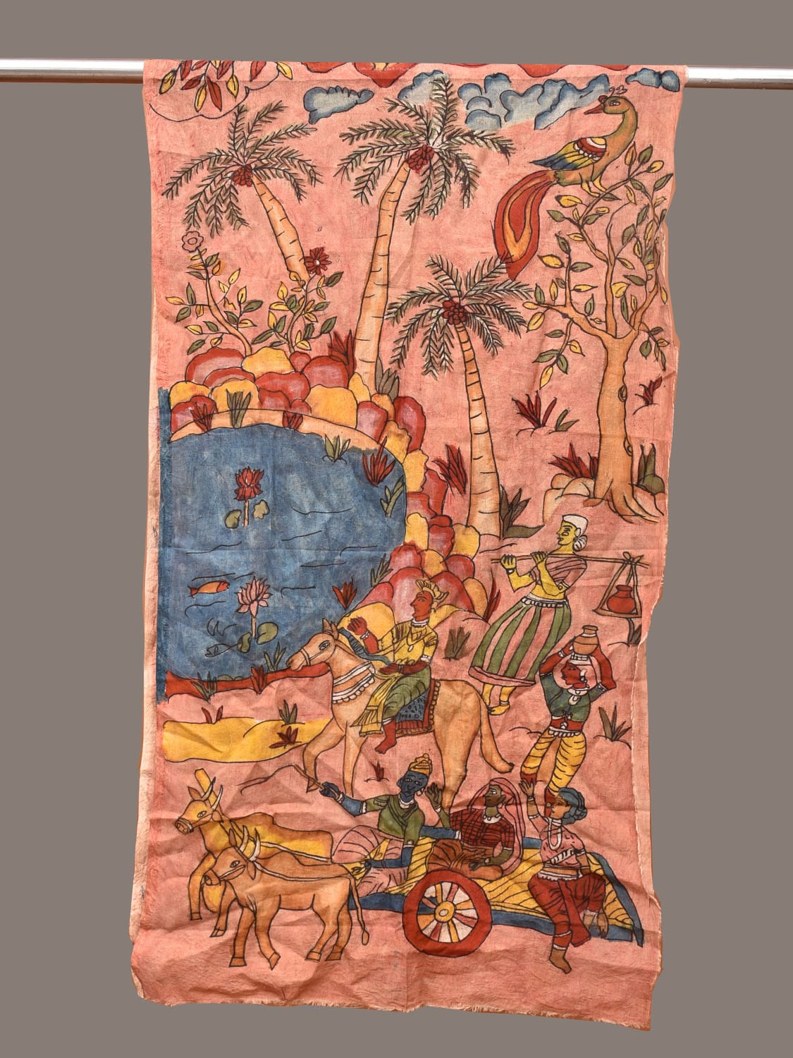 Peach Kalamkari Hand Painted Sico Stole with Village Theme Design ds3287