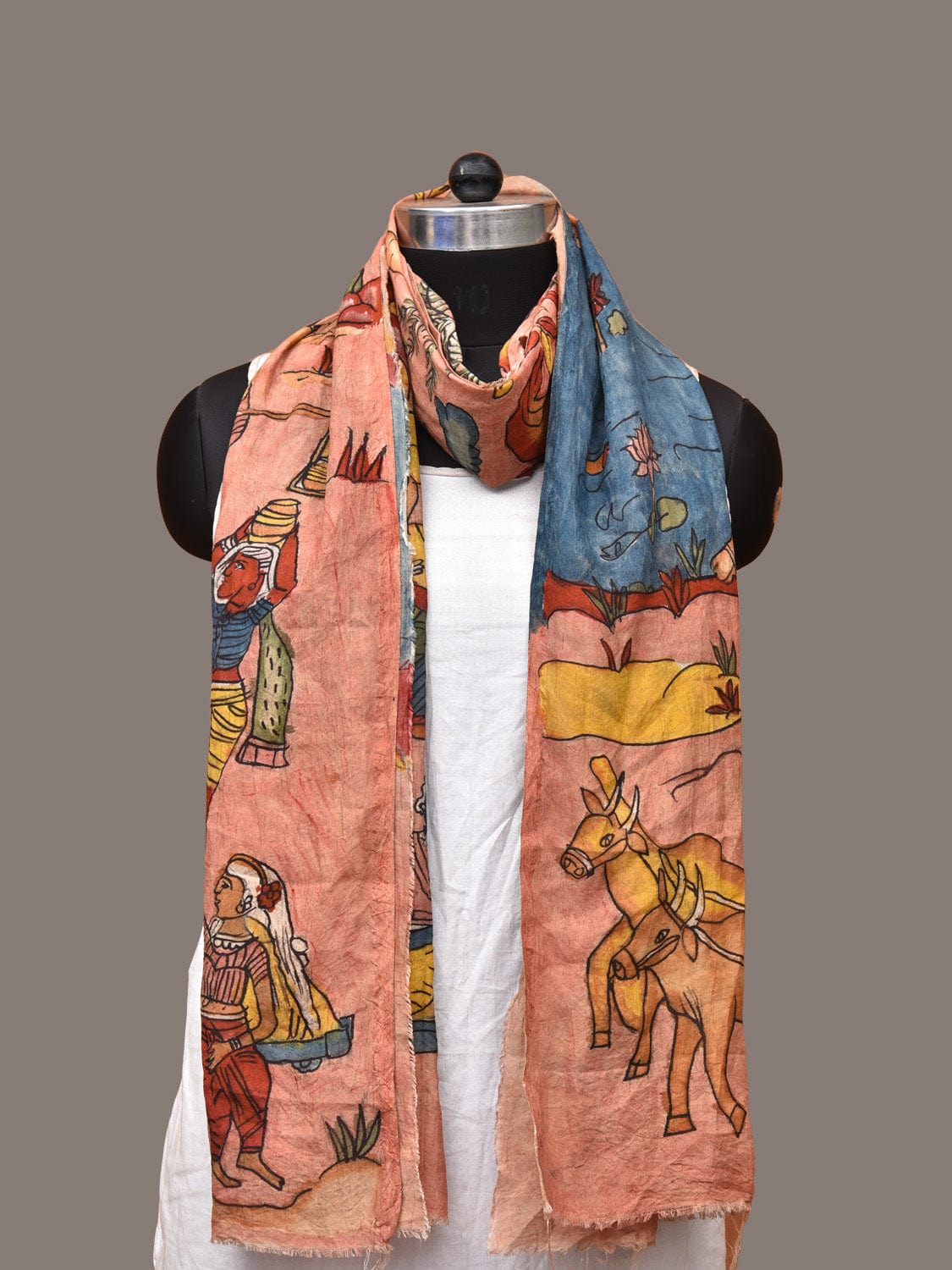 Peach Kalamkari Hand Painted Sico Stole with Village Theme Design ds3287