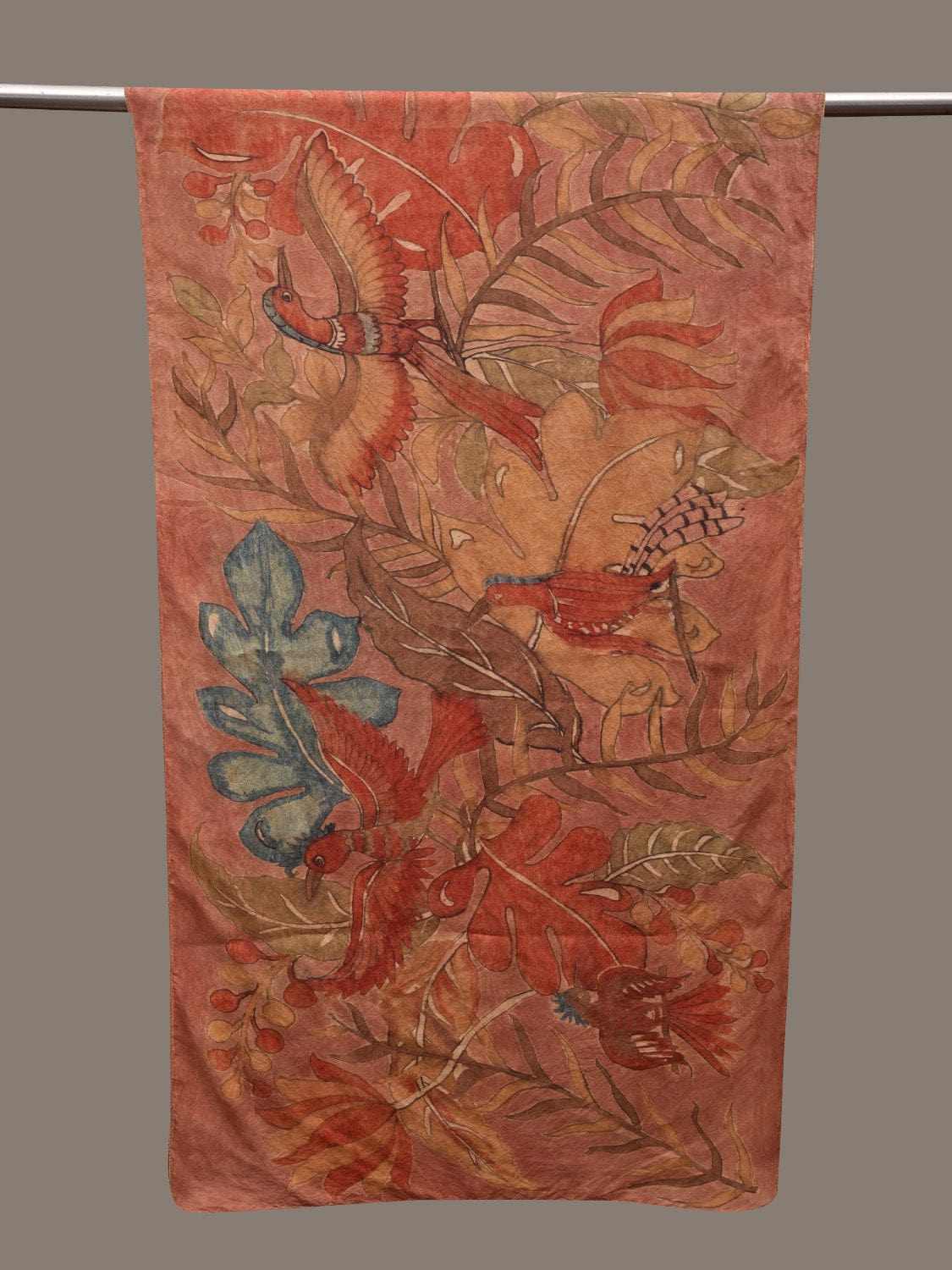 Peach Kalamkari Hand Painted Silk Handloom Stole with Birds and Leaves Design ds2683