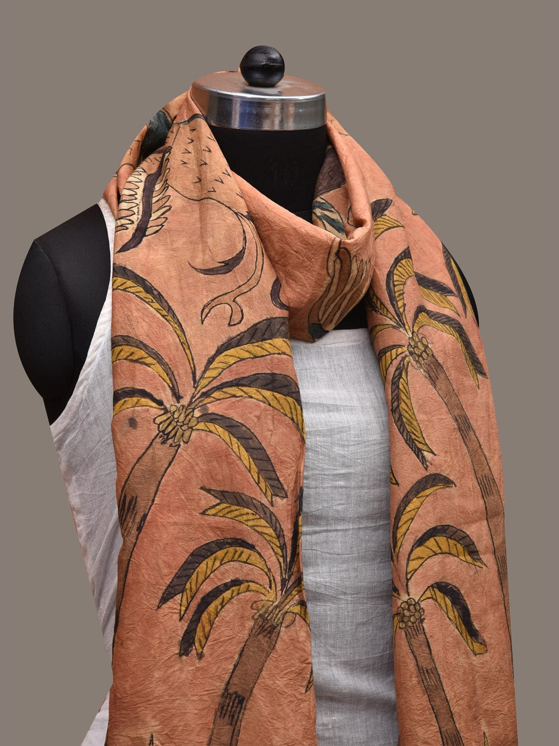 Peach Kalamkari Hand Painted Silk Handloom Stole with Trees and Birds Design ds2779