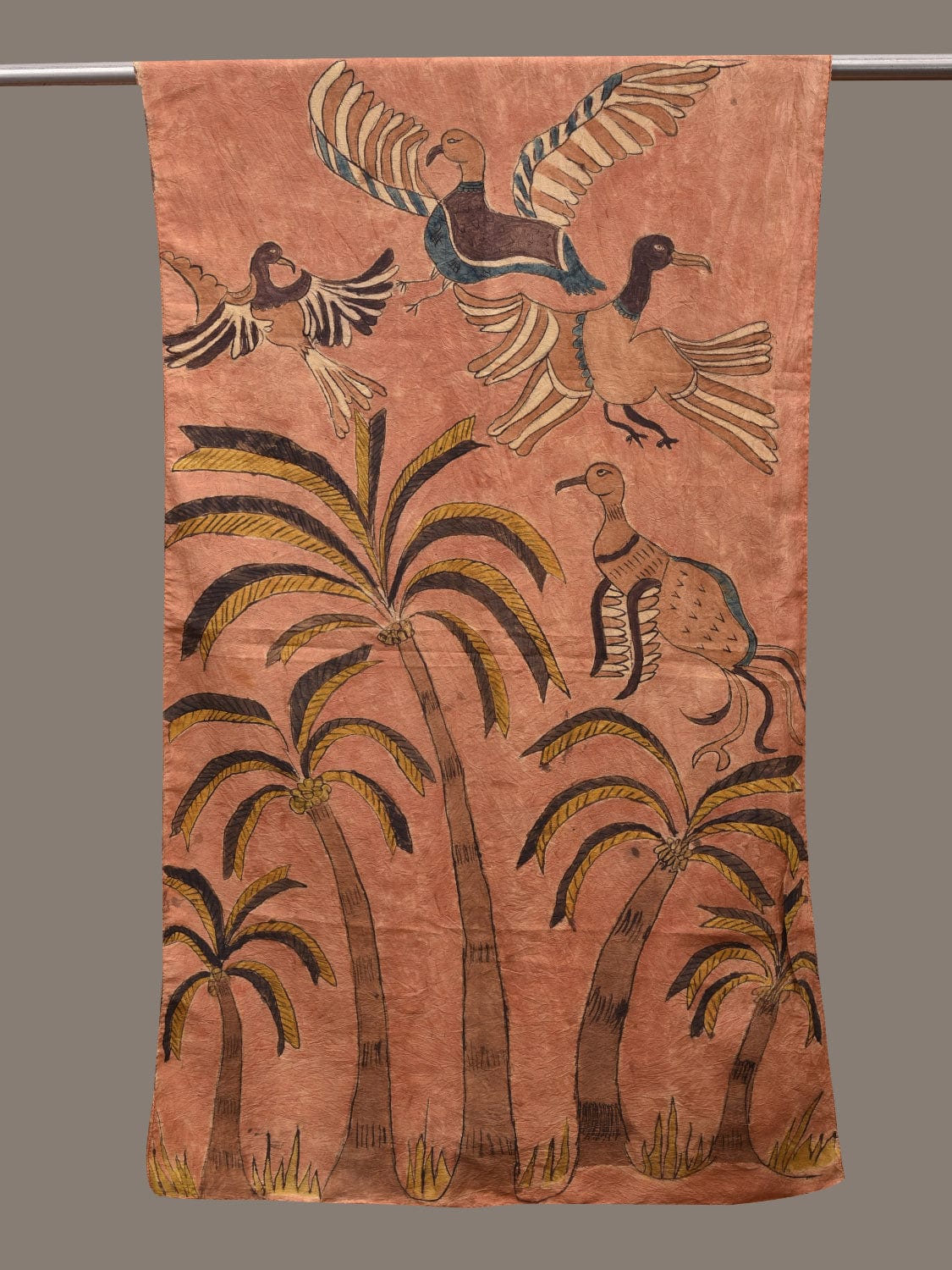Peach Kalamkari Hand Painted Silk Handloom Stole with Trees and Birds Design ds2779