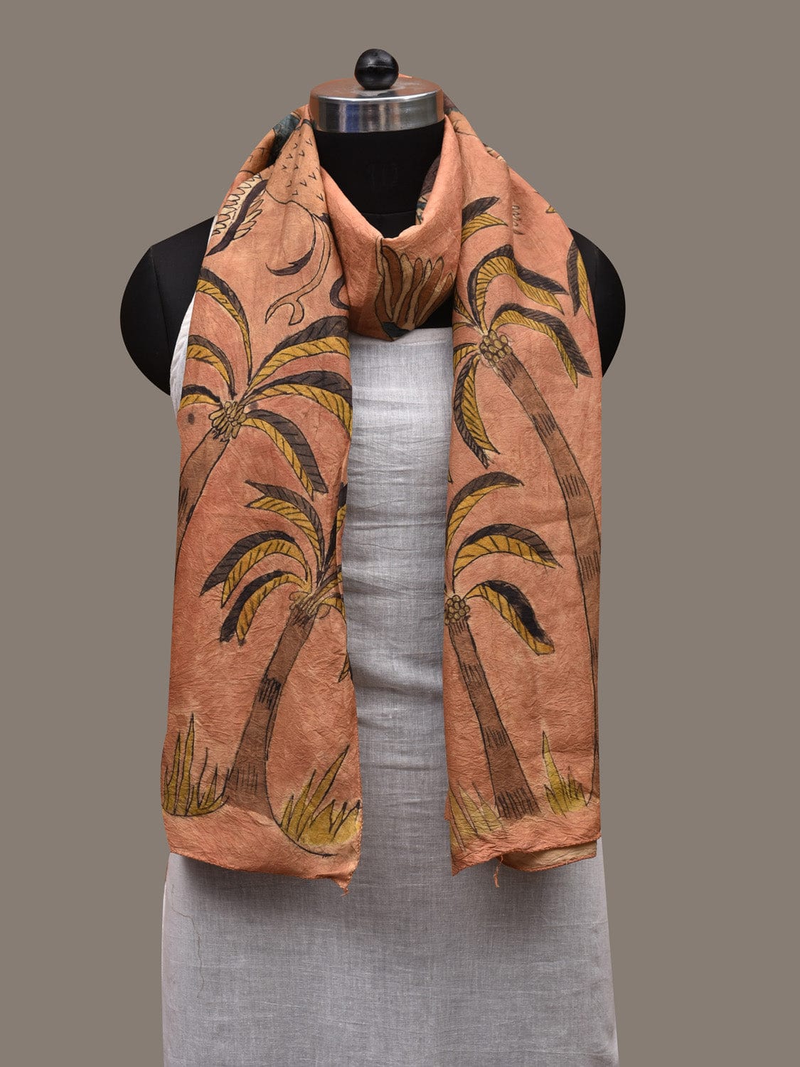 Peach Kalamkari Hand Painted Silk Handloom Stole with Trees and Birds Design ds2779