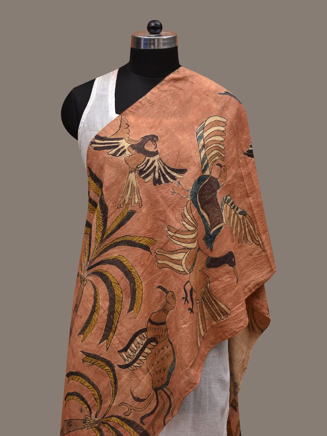 Peach Kalamkari Hand Painted Silk Handloom Stole with Trees and Birds Design ds2779