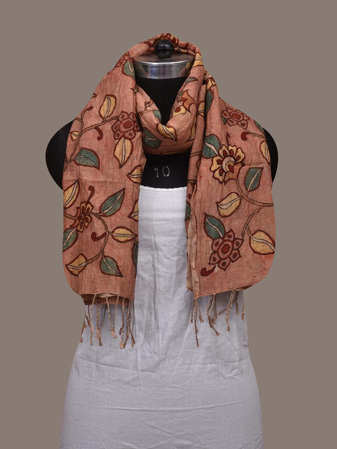 Peach Kalamkari Hand Painted Tussar Handloom Stole with Floral Design ds3074