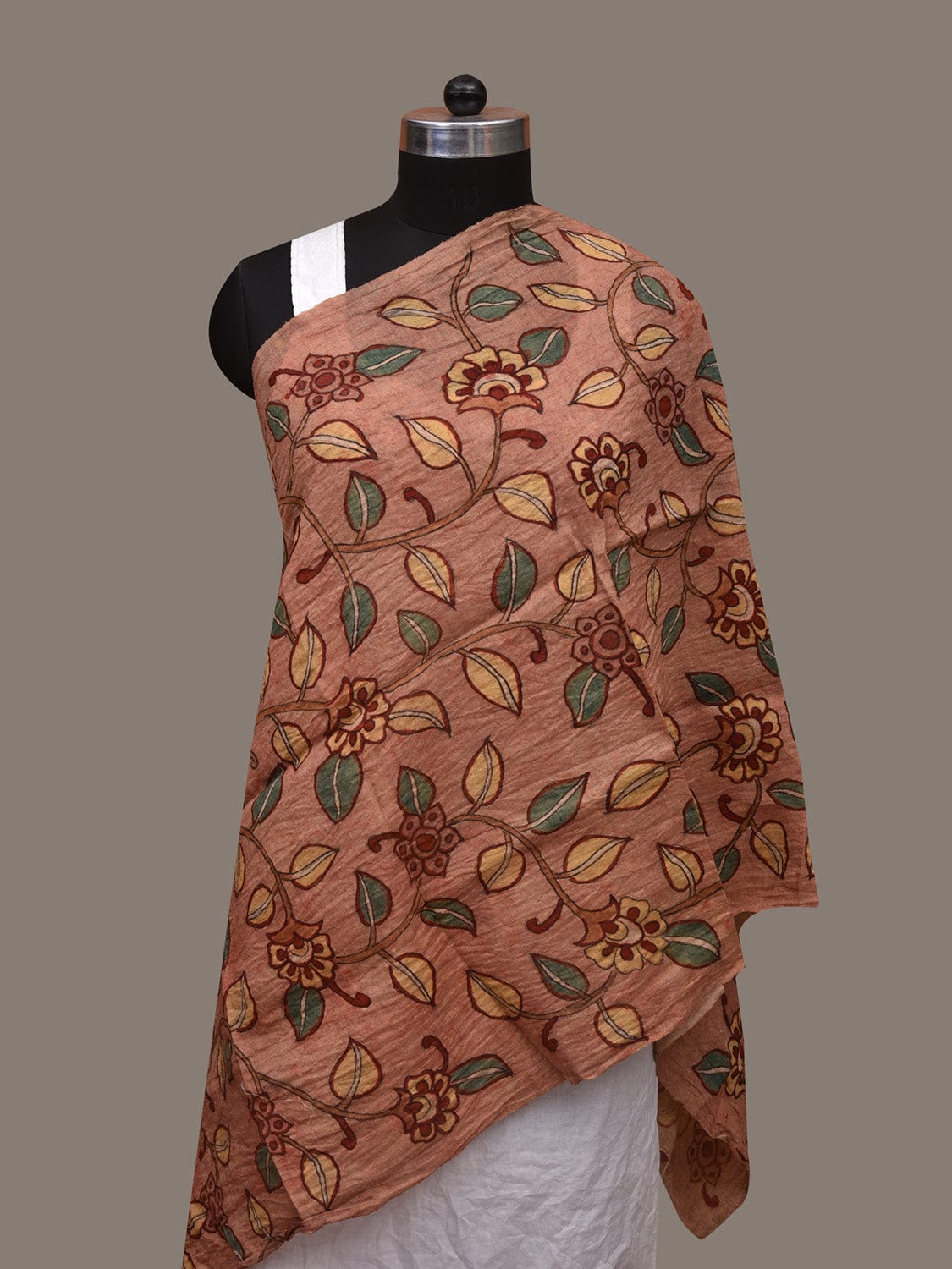 Peach Kalamkari Hand Painted Tussar Handloom Stole with Floral Design ds3074