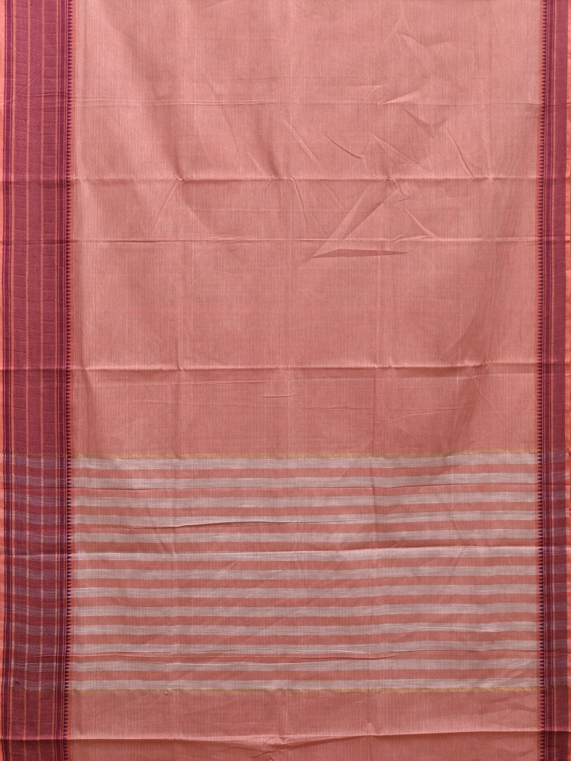 Peach Kanchipuram Cotton Handloom Saree with Border and Strips Pallu Design k0358