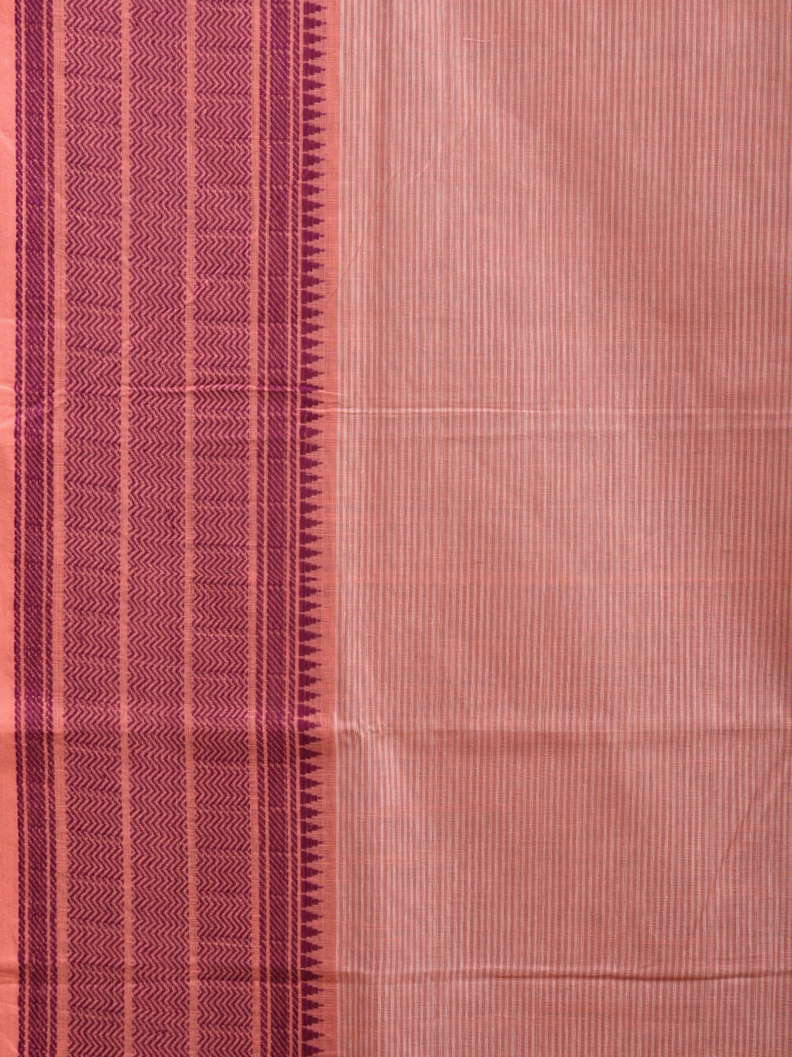 Peach Kanchipuram Cotton Handloom Saree with Border and Strips Pallu Design k0358