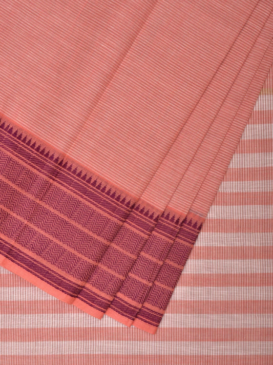 Peach Kanchipuram Cotton Handloom Saree with Border and Strips Pallu Design k0358