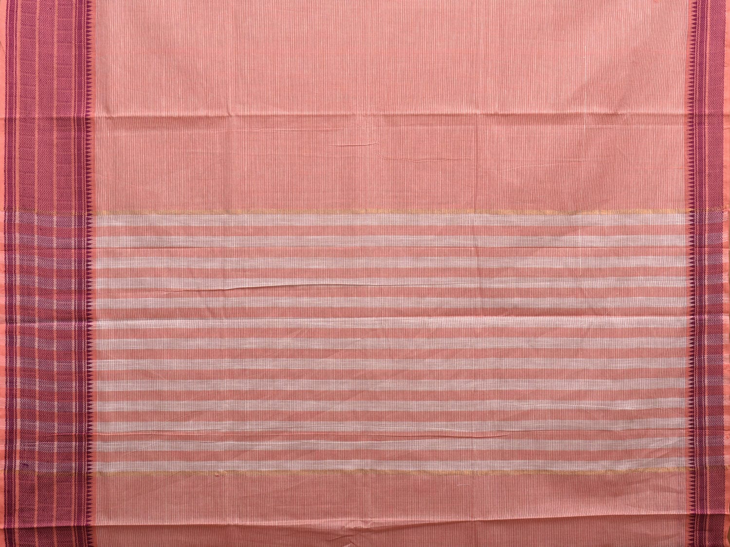 Peach Kanchipuram Cotton Handloom Saree with Border and Strips Pallu Design k0358