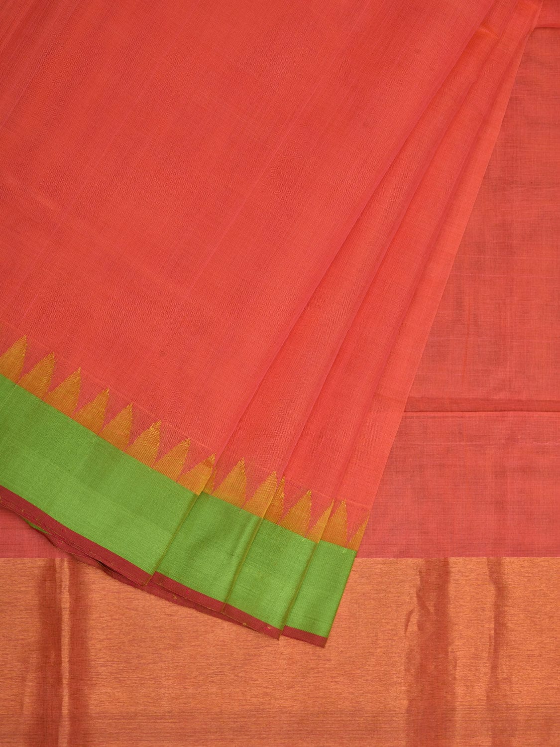 Peach Khadi Cotton Handloom Plain Saree with Temple Border Design kh0574