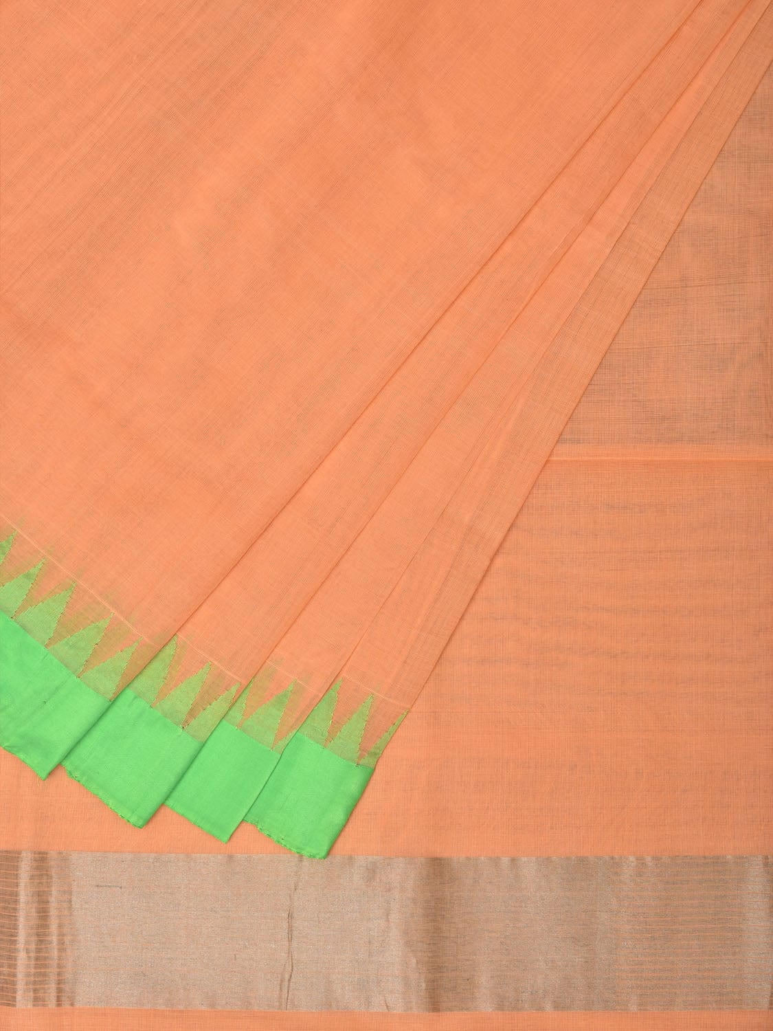 Peach Khadi Cotton Handloom Plain Saree with Temple Border Design kh0602