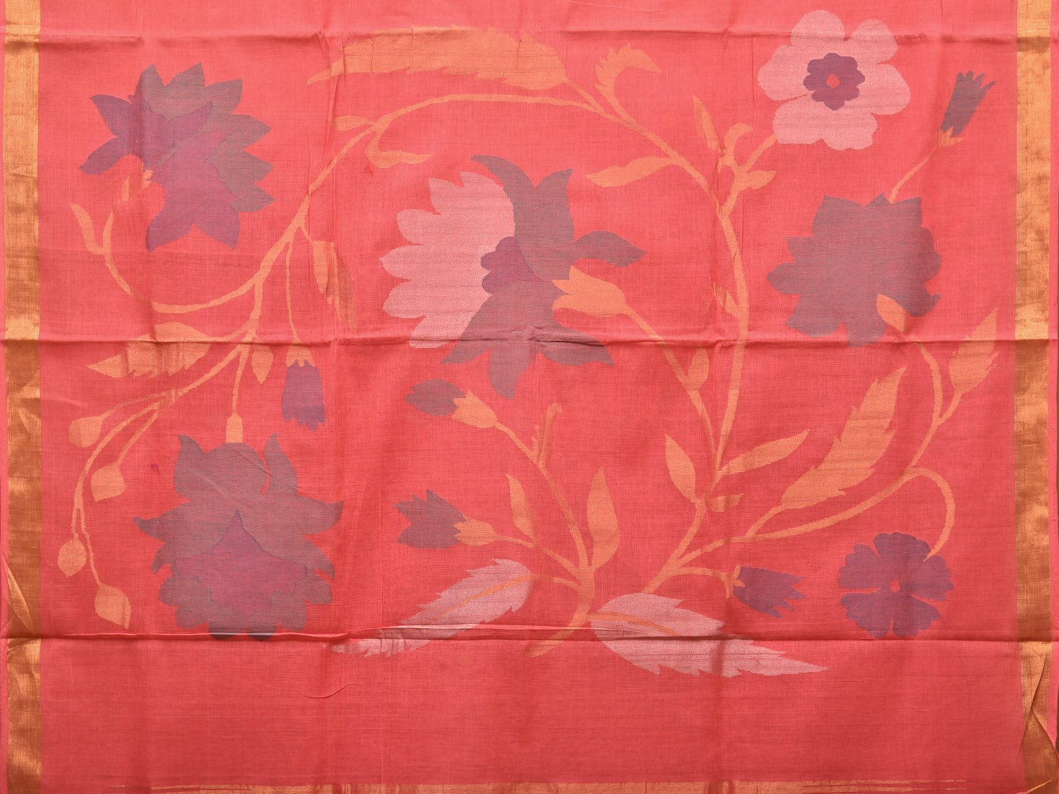 Peach Khadi Cotton Handloom Saree with Big Floral Pallu Design kh0635
