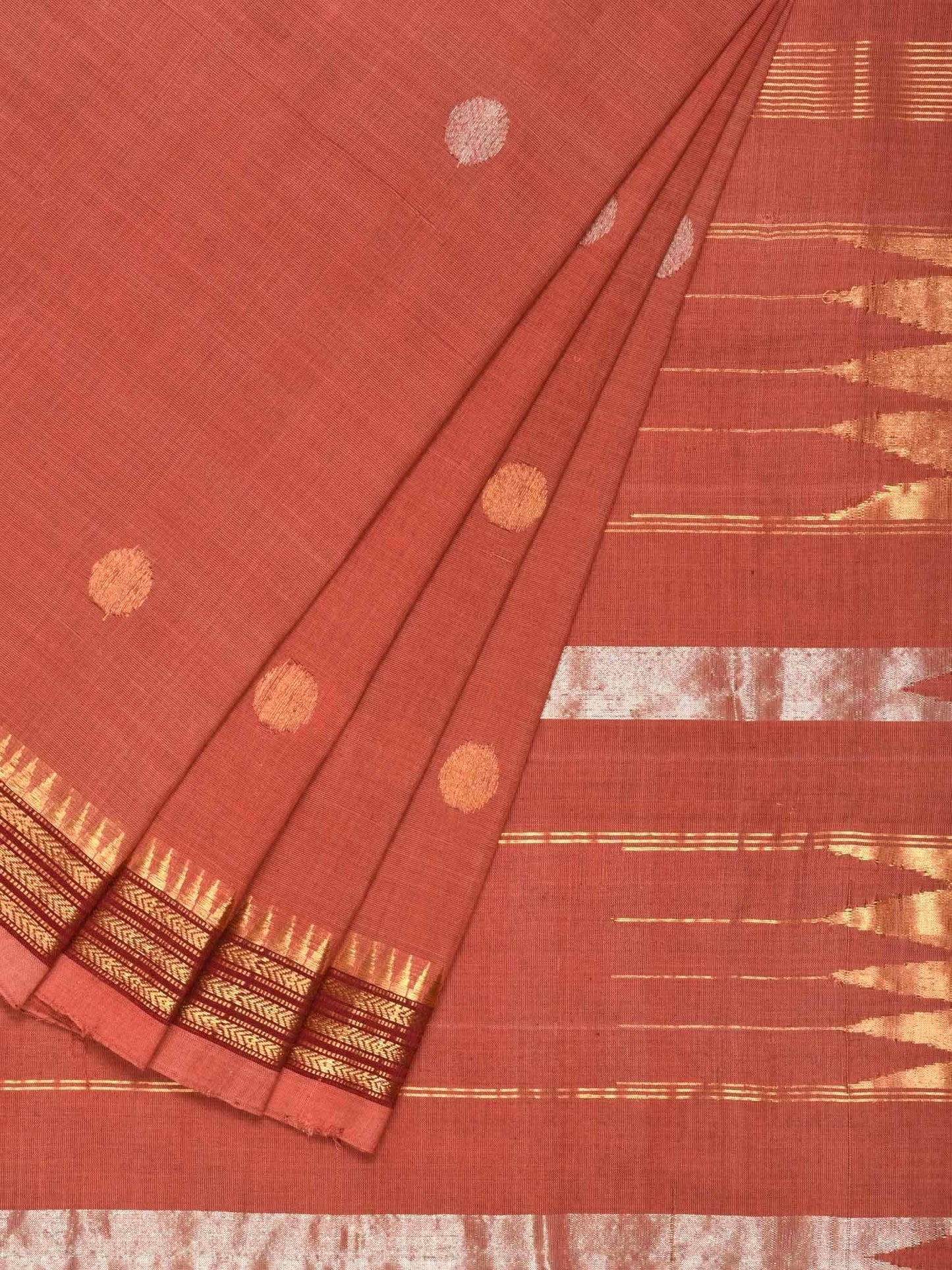 Peach Khadi Cotton Handloom Saree with Buta and Dobi Border Design kh0406