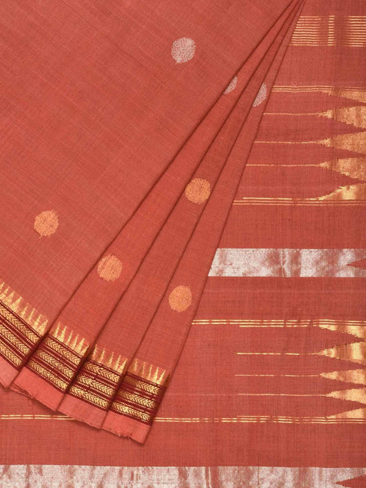 Peach Khadi Cotton Handloom Saree with Buta and Dobi Border Design kh0406