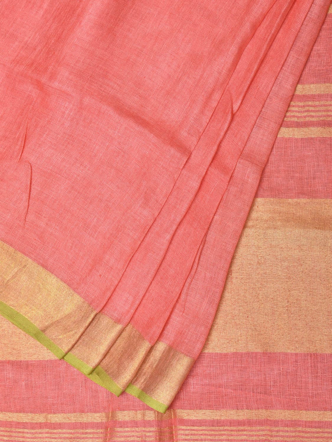 Peach Linen Plain Saree with Strips Pallu Design o0433