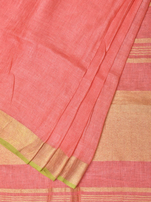 Peach Linen Plain Saree with Strips Pallu Design o0433