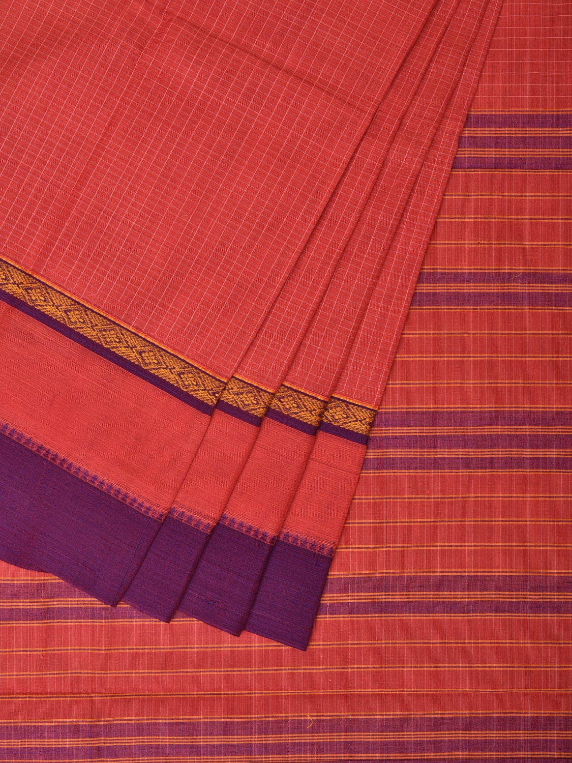 Peach Narayanpet Cotton Handloom Saree with Checks and Big Border Design No Blouse np0724