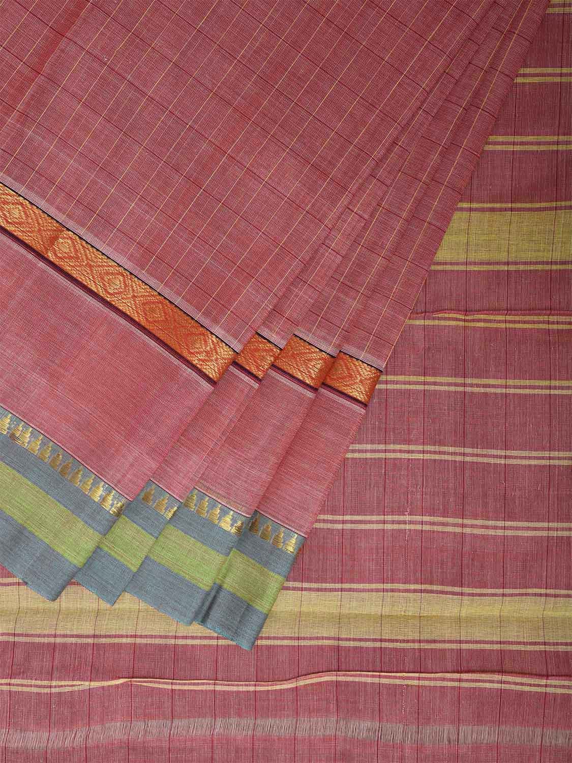 Peach Narayanpet Cotton Handloom Saree with Checks and Big Border Design No Blouse np1102