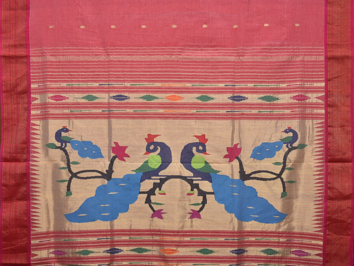 Peach Paithani Cotton Handloom Saree with Peacocks Pallu Design p0472