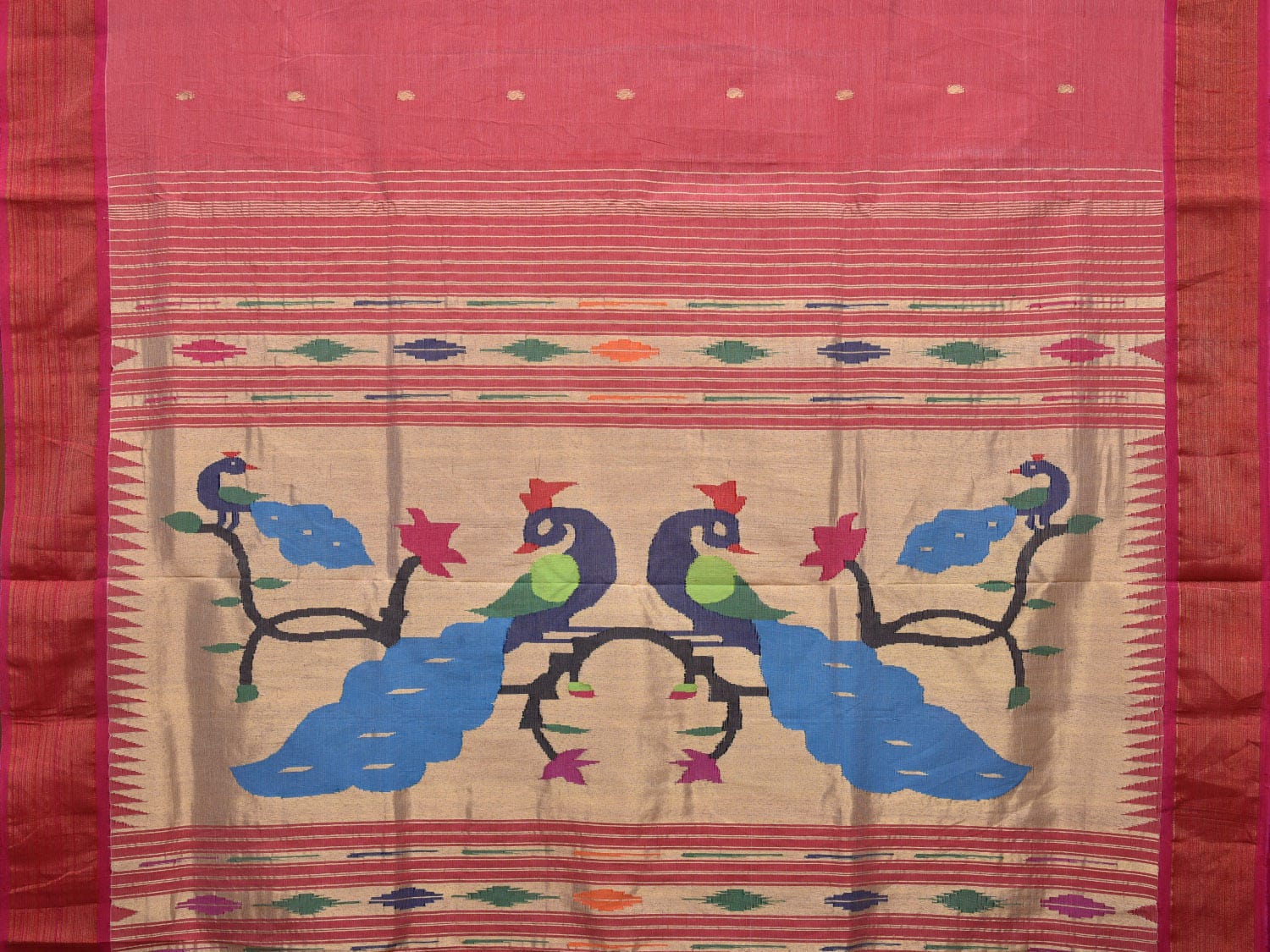 Peach Paithani Cotton Handloom Saree with Peacocks Pallu Design p0472