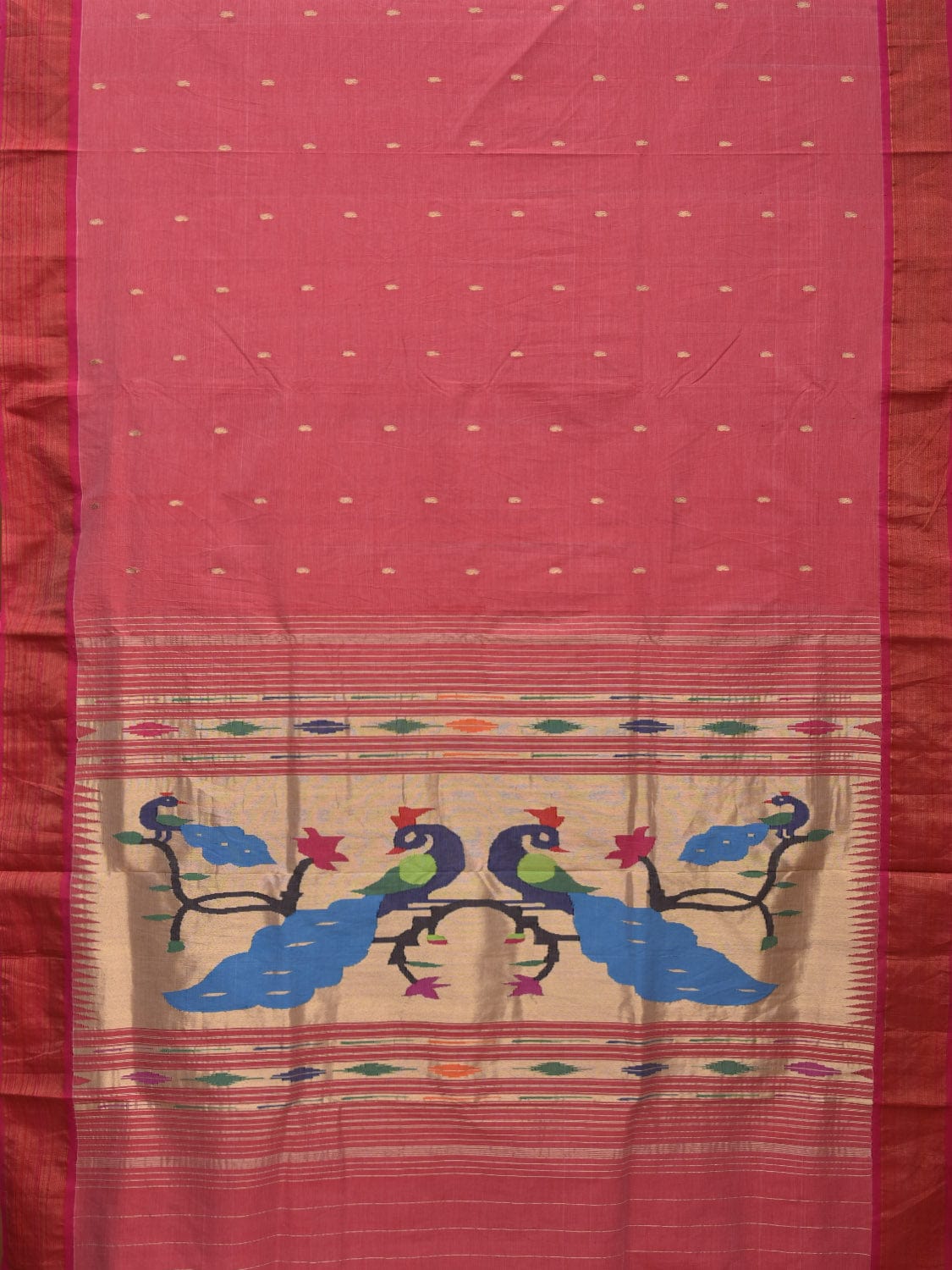 Peach Paithani Cotton Handloom Saree with Peacocks Pallu Design p0472