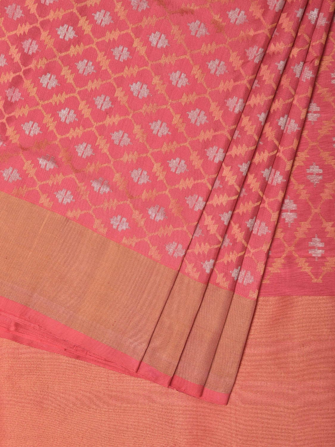 Peach Uppada Silk Handloom Saree with All Over Dhaka Jamdani Design u2170