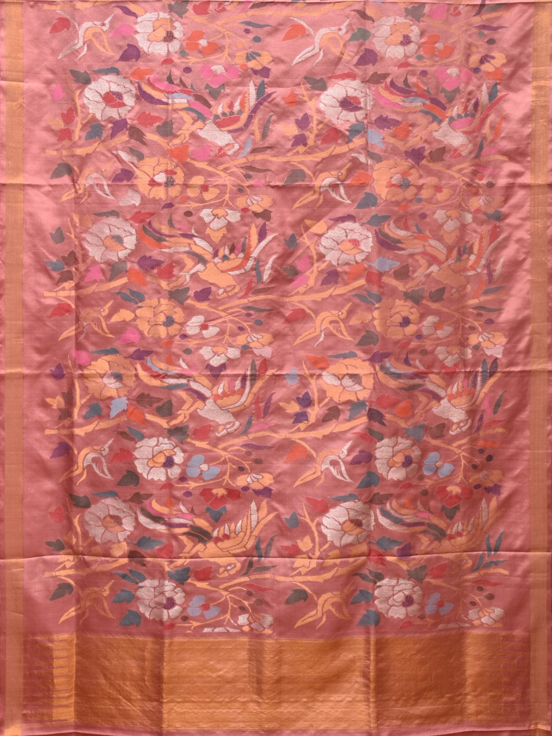 Peach Uppada Silk Handloom Saree with All Over Parrot and Floral Design u2129