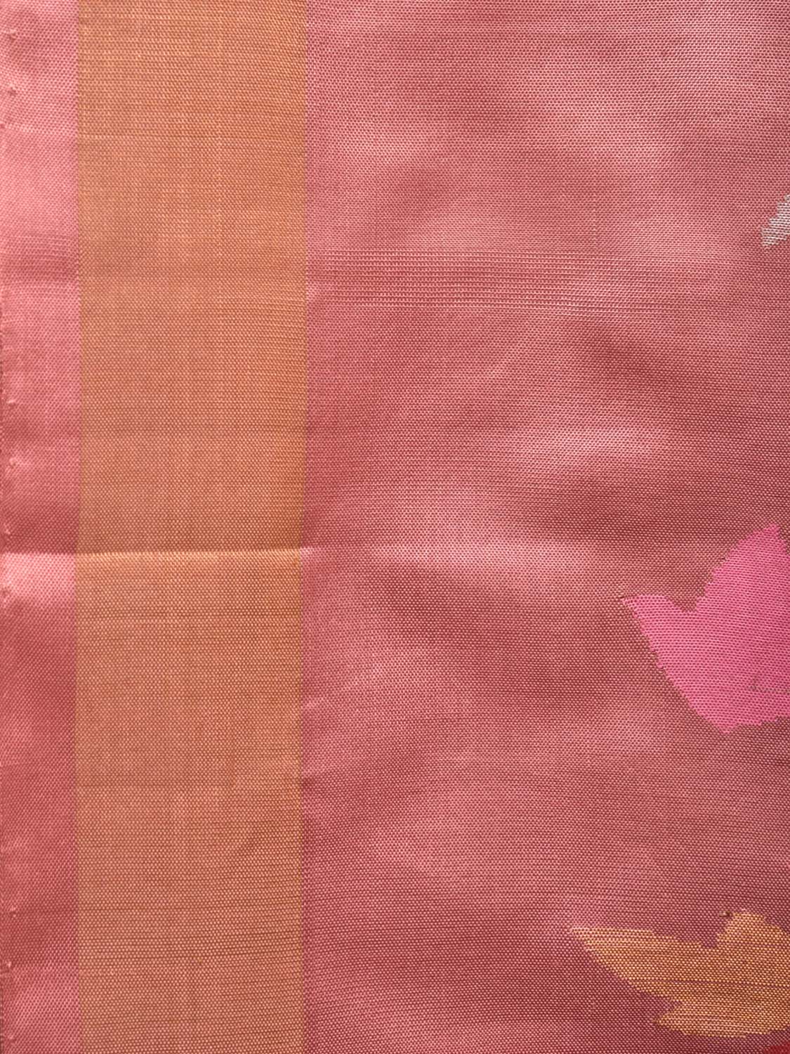 Peach Uppada Silk Handloom Saree with All Over Parrot and Floral Design u2129