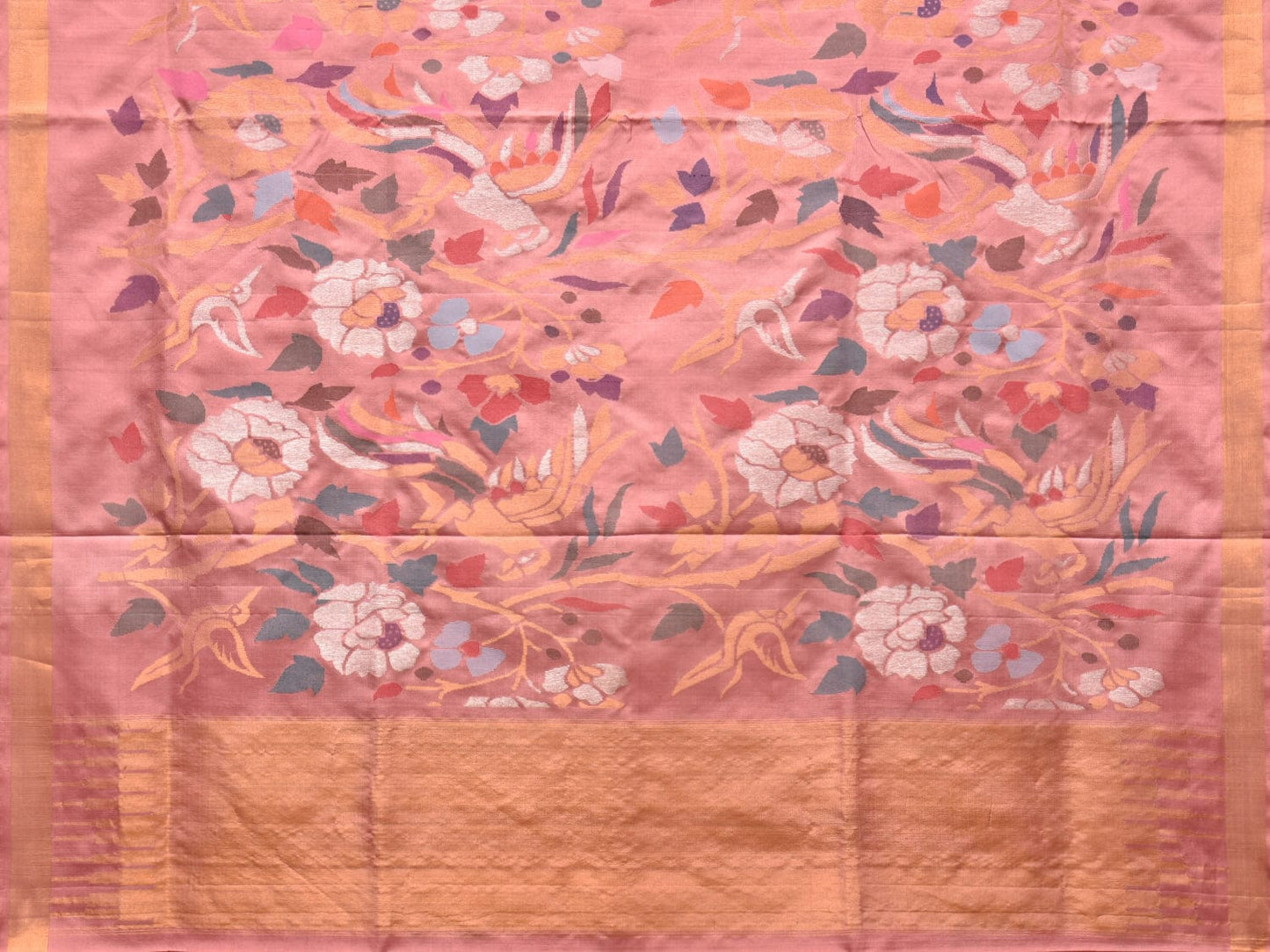 Peach Uppada Silk Handloom Saree with All Over Parrot and Floral Design u2129
