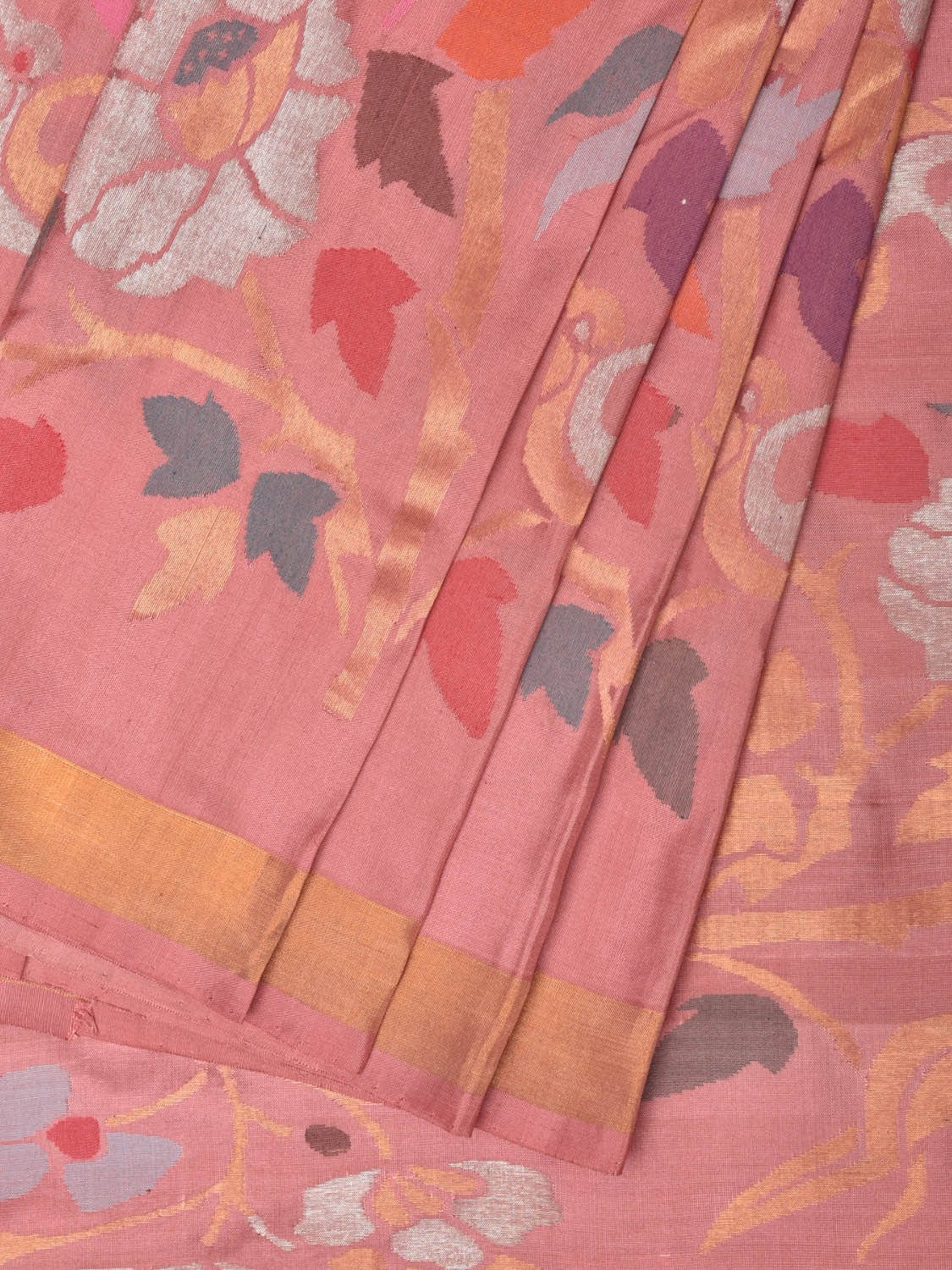Peach Uppada Silk Handloom Saree with All Over Parrot and Floral Design u2129
