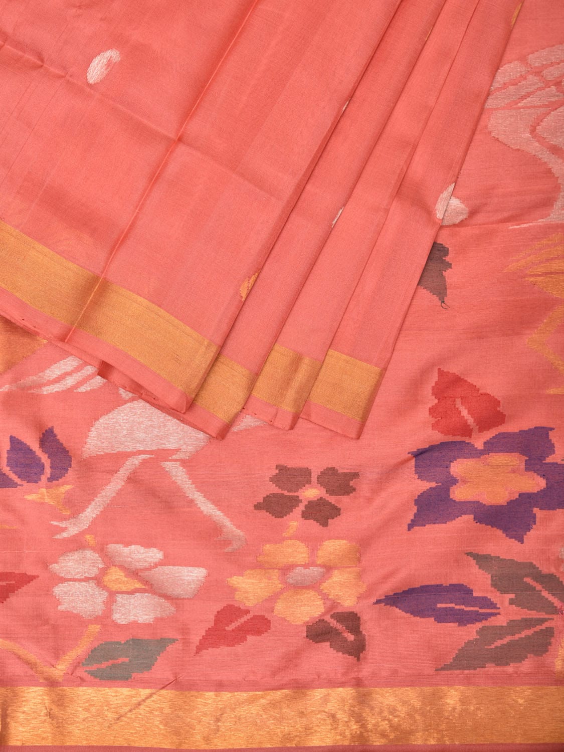 Peach Uppada Silk Handloom Saree with Birds and Floral Pallu Design u2007