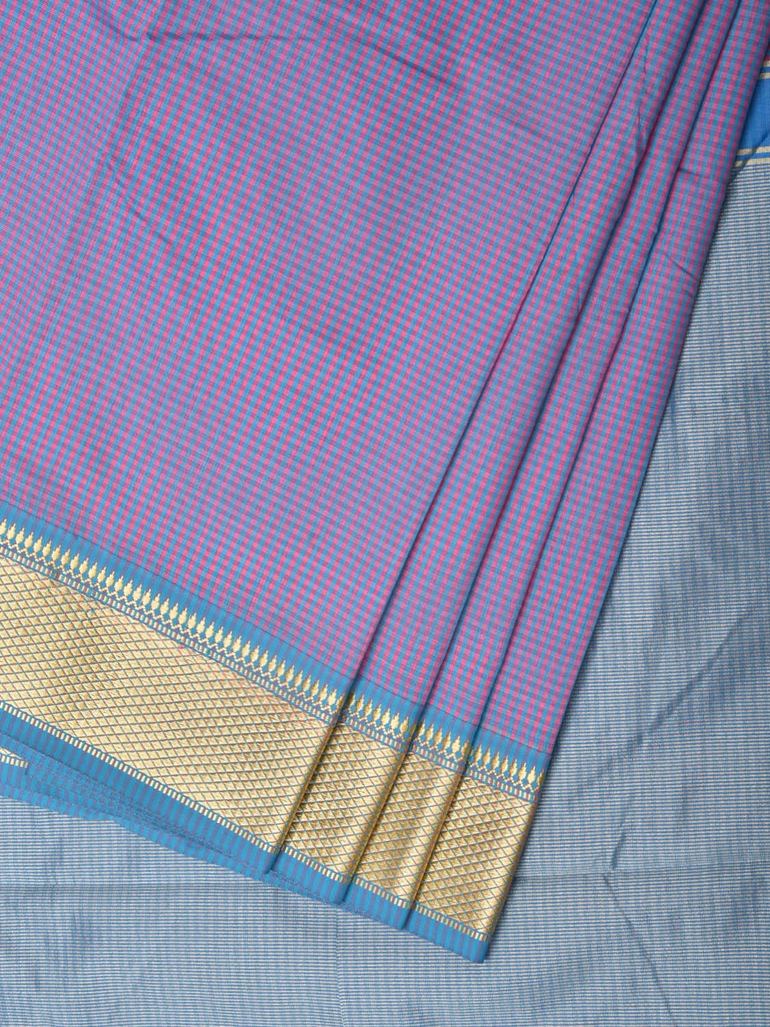 Pink and Blue Bamboo Cotton Saree with Small Checks Design No Blouse bc0244