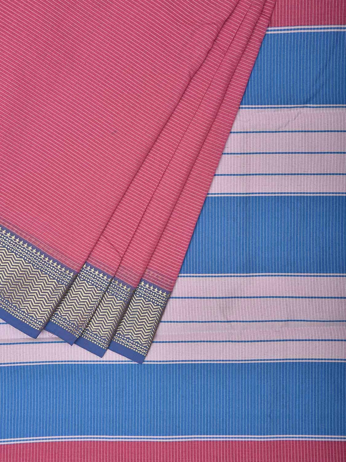 Pink and Blue Bamboo Cotton Saree with Strips and Contrast Pallu Design No Blouse bc0571