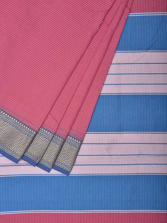 Pink and Blue Bamboo Cotton Saree with Strips and Contrast Pallu Design No Blouse bc0571