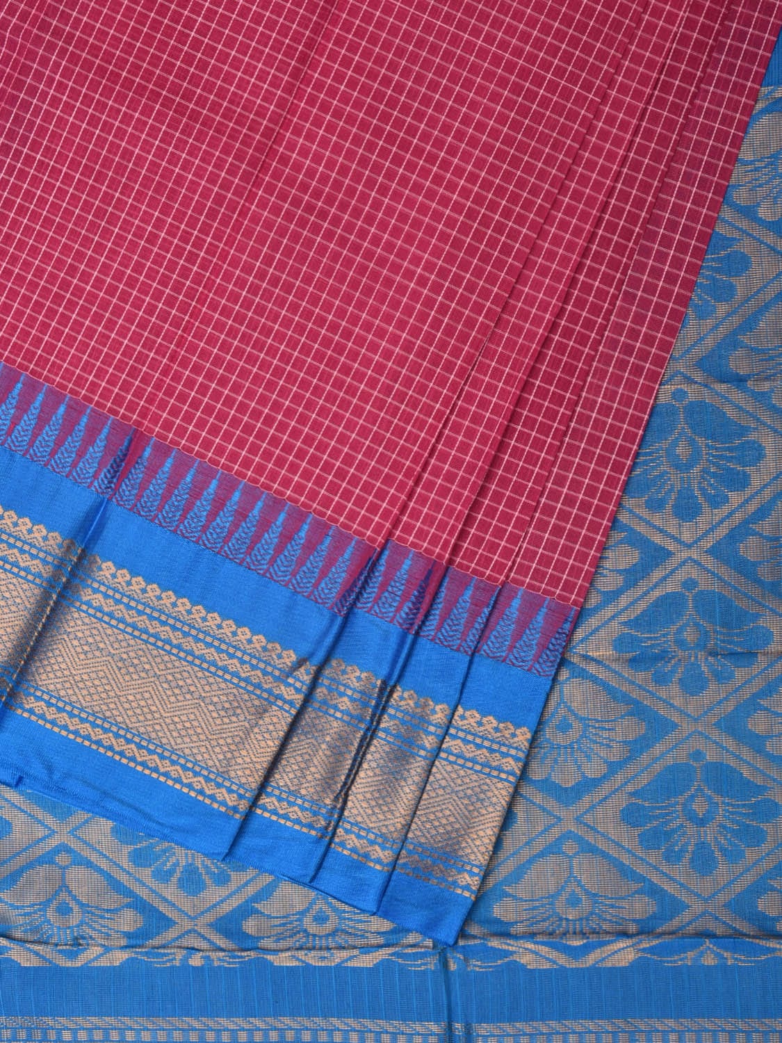 Pink and Blue Gadwal Cotton Plain Saree with Checks and Pallu Design No Blouse g0352