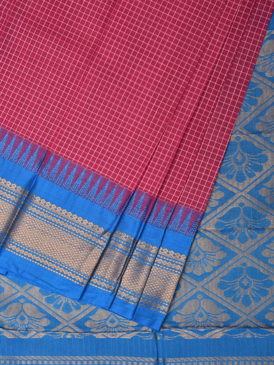 Pink and Blue Gadwal Cotton Plain Saree with Checks and Pallu Design No Blouse g0352