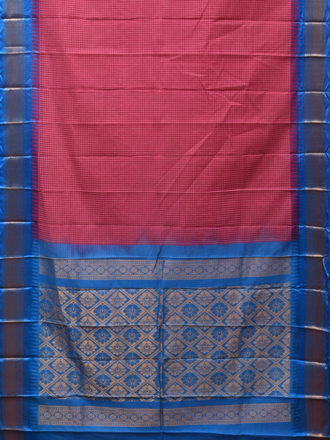 Pink and Blue Gadwal Cotton Plain Saree with Checks and Pallu Design No Blouse g0352
