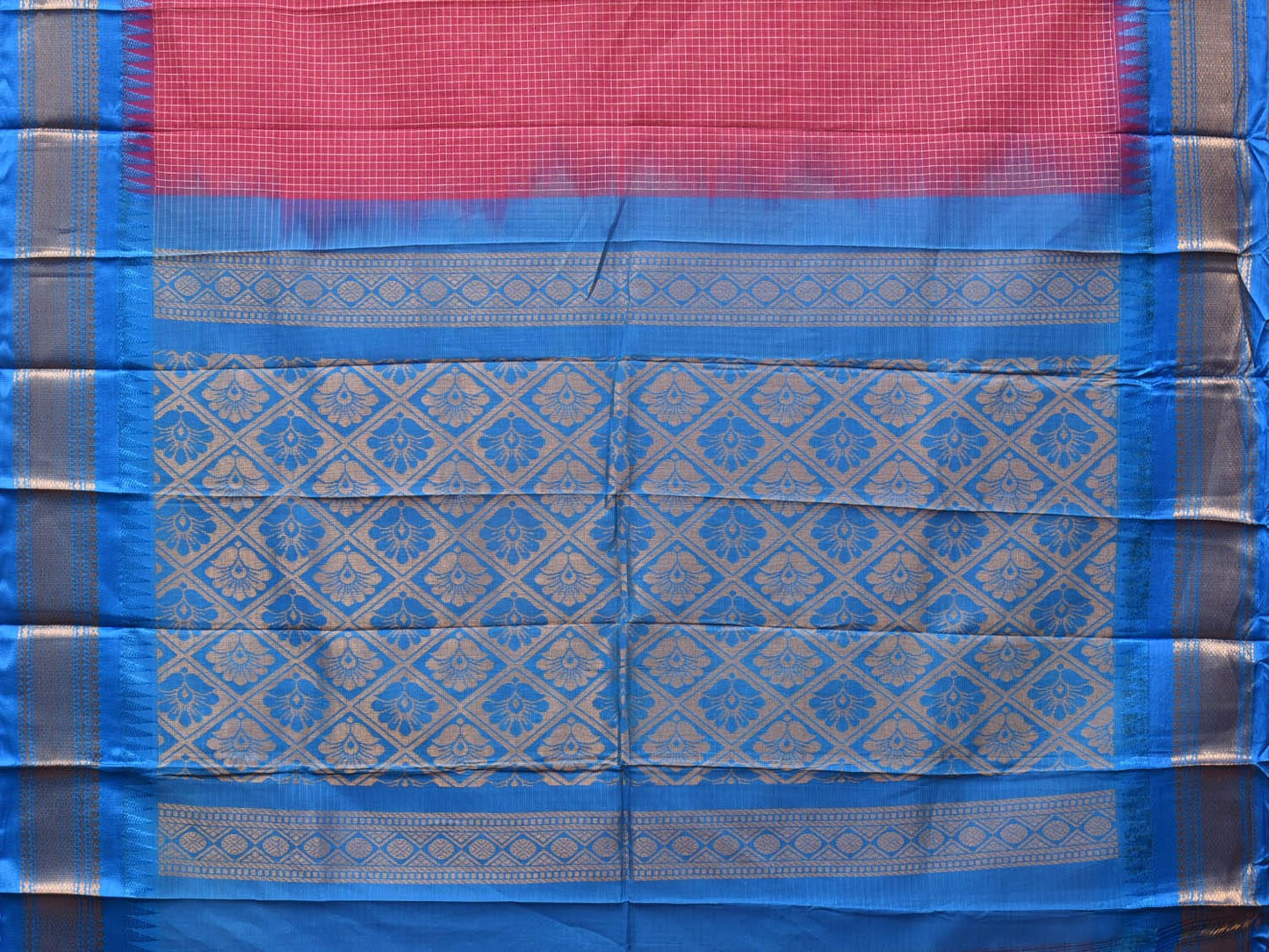 Pink and Blue Gadwal Cotton Plain Saree with Checks and Pallu Design No Blouse g0352