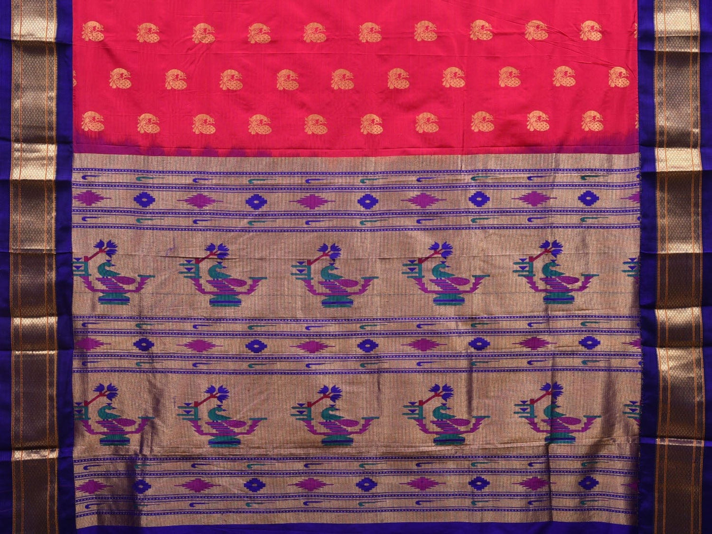 Pink and Blue Paithani Silk Handloom Saree with Pallu Design p0413
