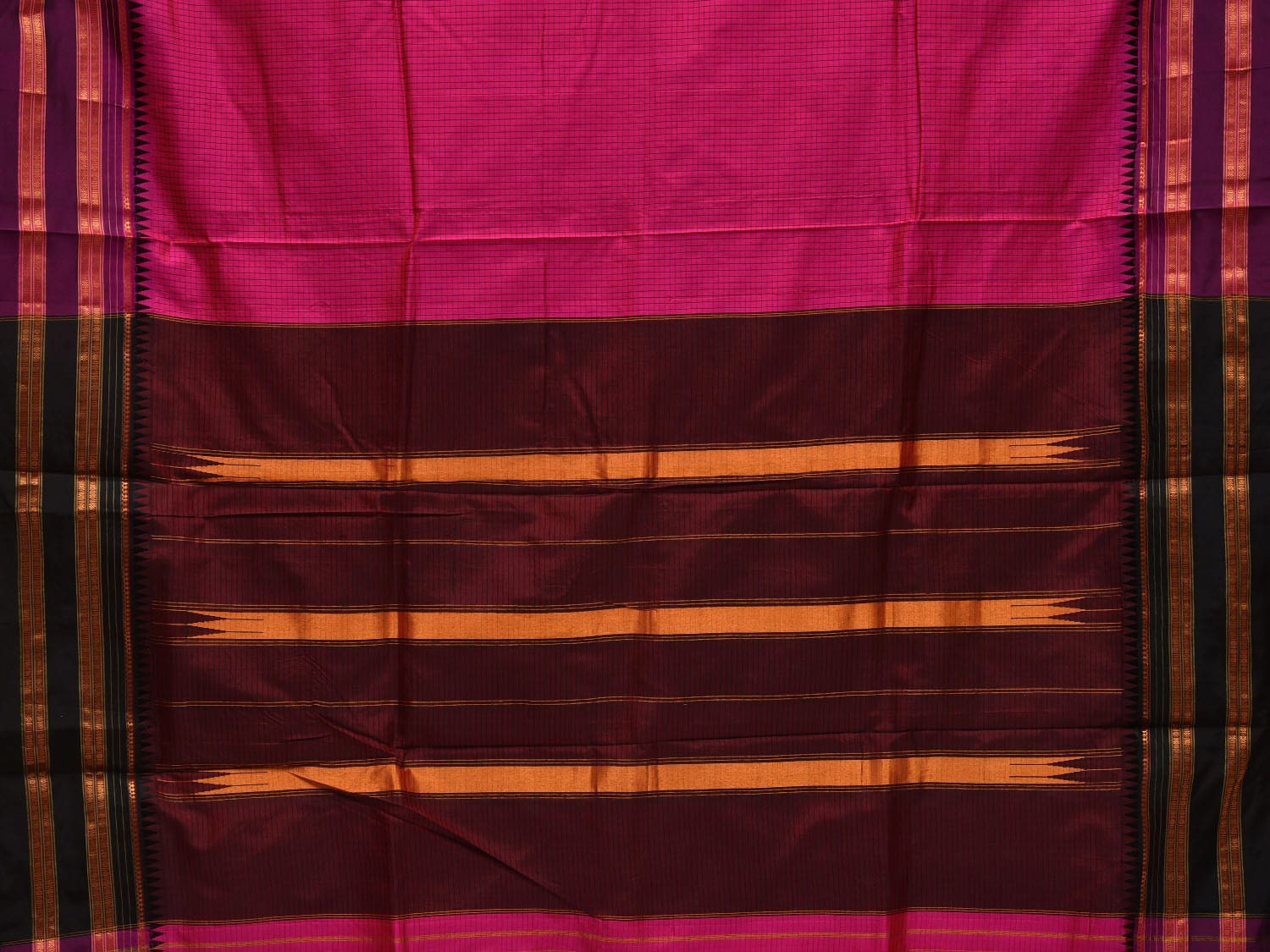 Pink and Brown Narayanpet Silk Handloom Saree with Checks Design No Blouse np0654