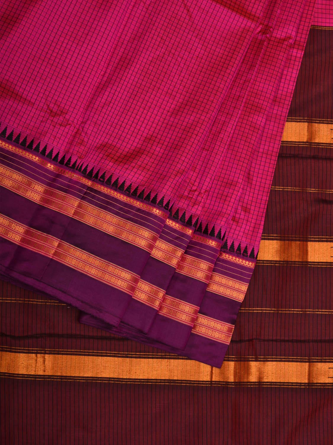 Pink and Brown Narayanpet Silk Handloom Saree with Checks Design No Blouse np0654