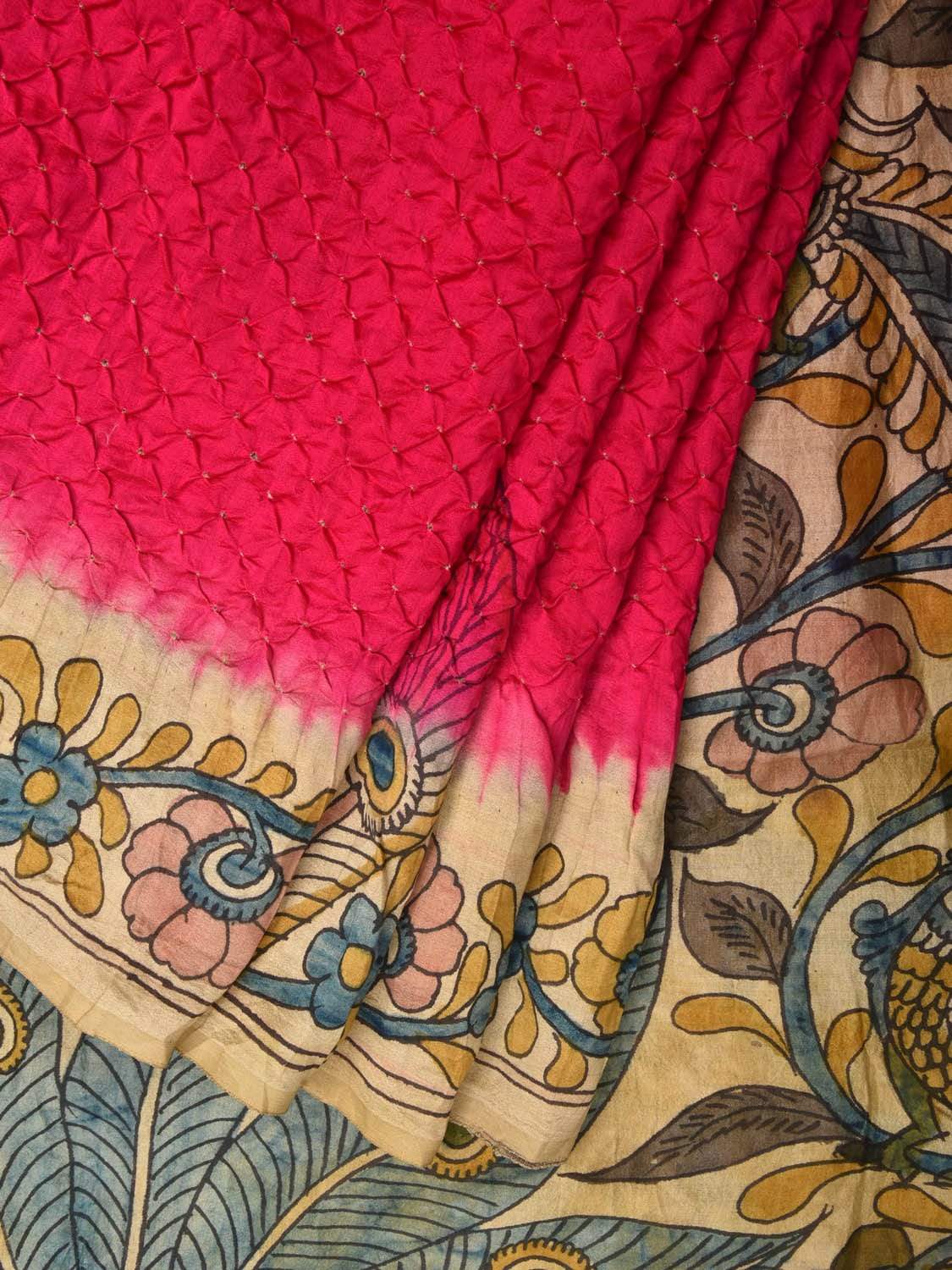 Pink and Cream Bandhani Kalamkari Hand Painted Tussar Handloom Saree with Border and Pallu Design bn0214